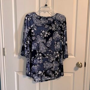 Blue and white poly/spandex blend, flowy, easy to wear top, size M